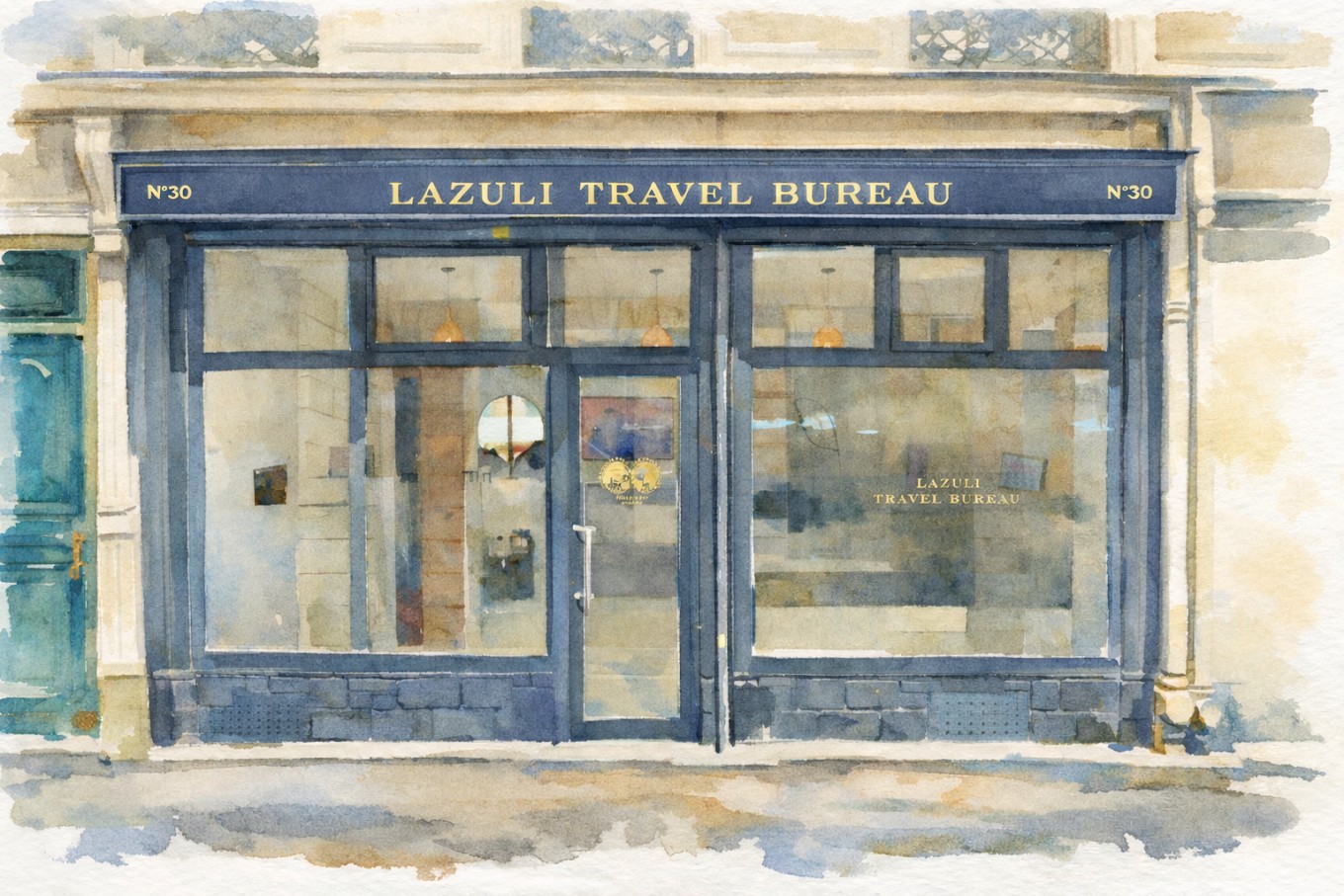 Vue street view peinte de l’agence Lazuli Travel Bureau